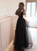 A-Line Black Tulle And Velvet Short Sleeves Prom Dresses Black Prom Dresses