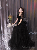 A-Line Black Tulle And Velvet Short Sleeves Prom Dresses Black Prom Dresses
