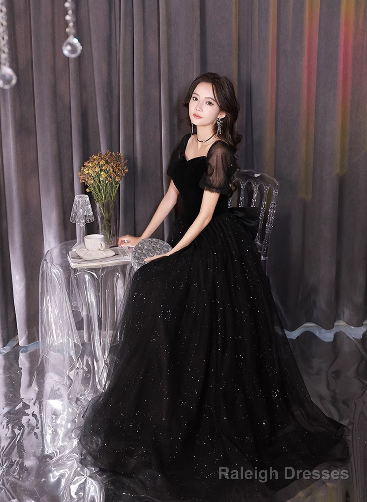 A-Line Black Tulle And Velvet Short Sleeves Prom Dresses Black Prom Dresses