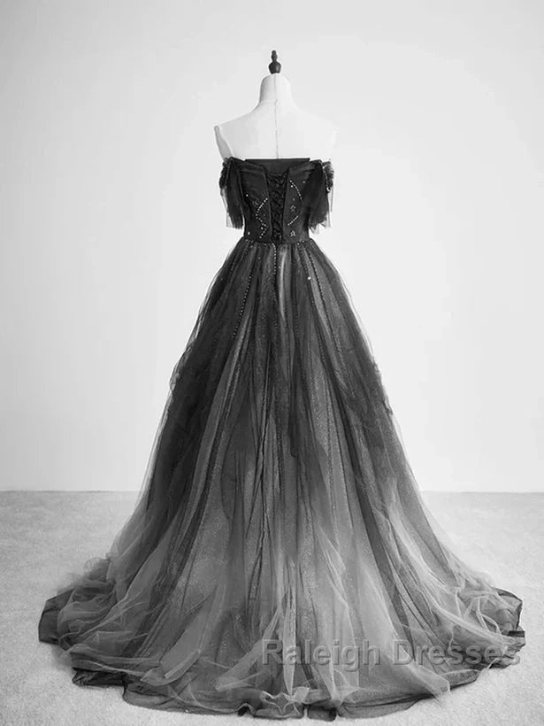A-Line Black Tulle Ballgown Long Party Dress Beadings Evening Dress Prom Dress Secondary image