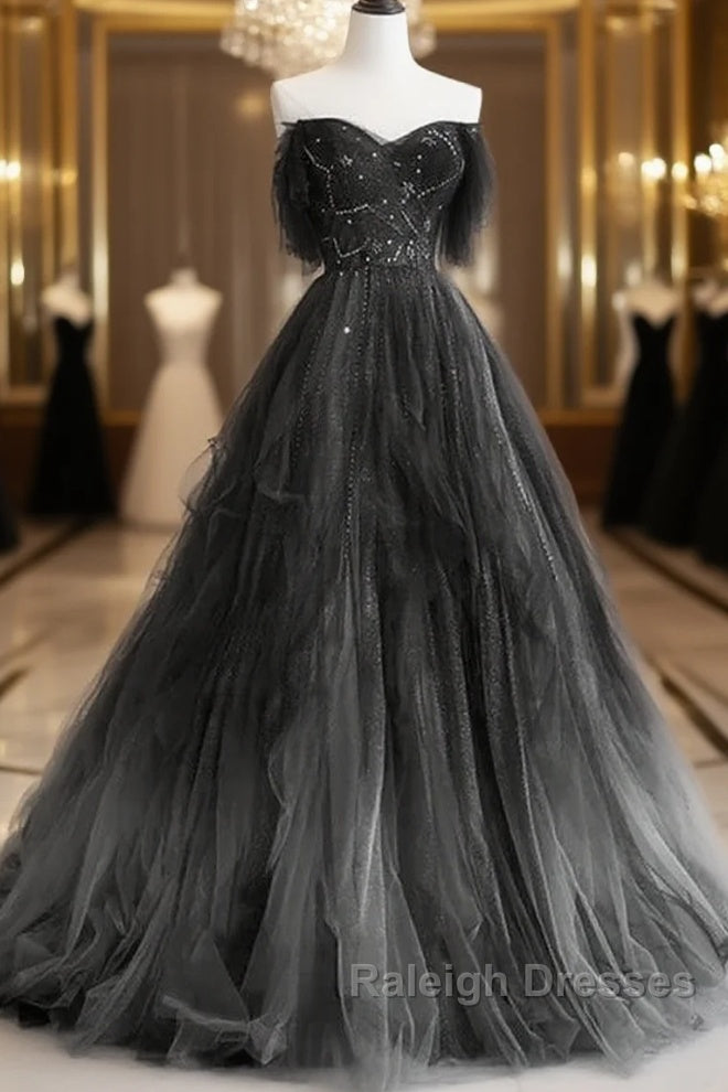 A-Line Black Tulle Ballgown Long Party Dress Beadings Evening Dress Prom Dress Main image