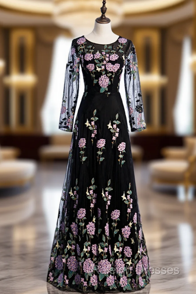 A-Line Black Tulle Embroidery Long Sleeve Prom Dress Main image