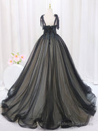A-Line Black Tulle Lace Long Prom Dress Black Long Prom Dress