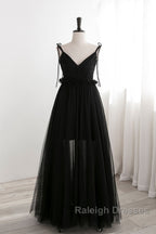 A-Line Black Tulle Long Prom Dresses, Black Formal Evening Dresses