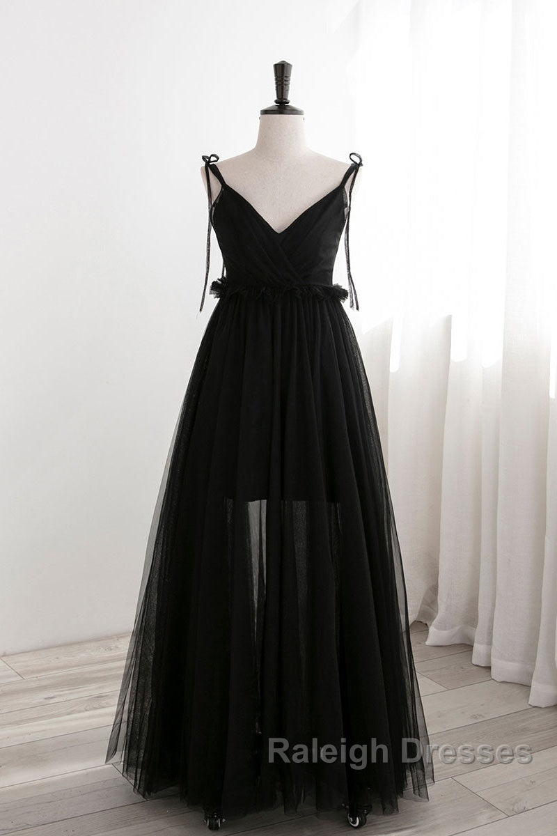 A-Line Black Tulle Long Prom Dresses, Black Formal Evening Dresses