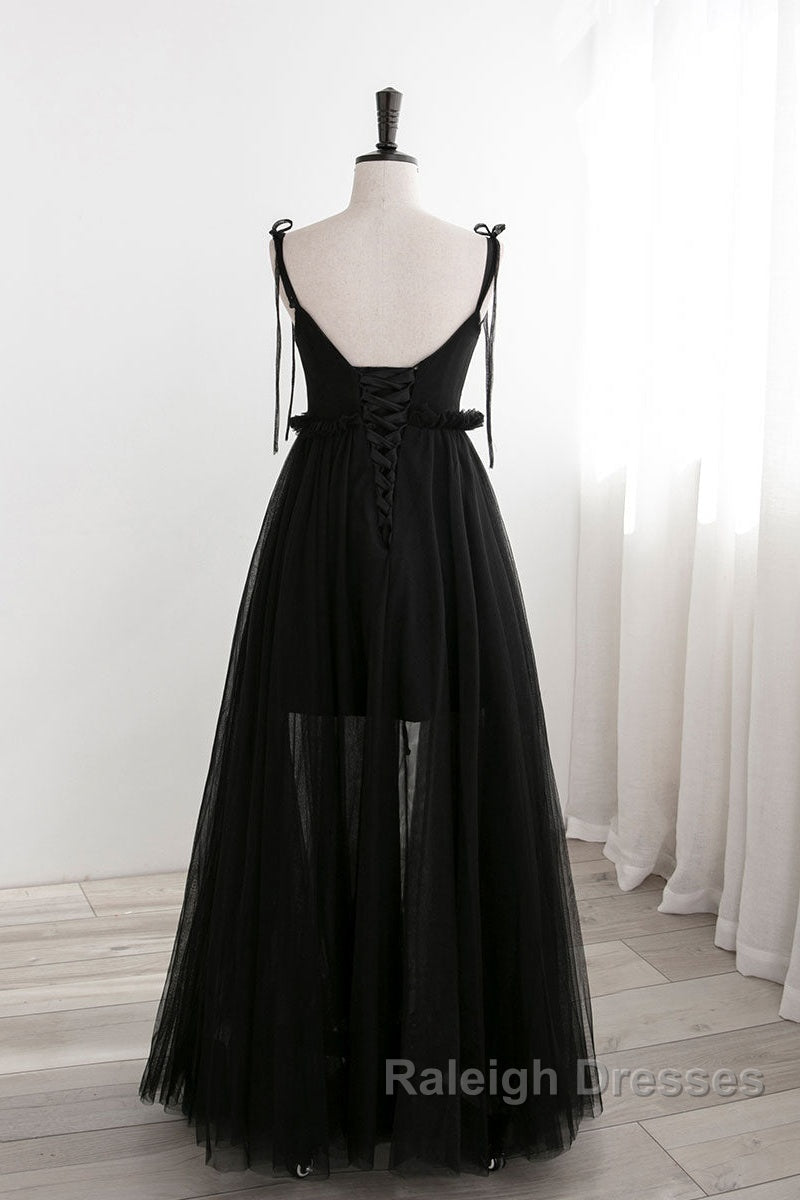 A-Line Black Tulle Long Prom Dresses, Black Formal Evening Dresses