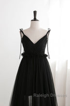 A-Line Black Tulle Long Prom Dresses, Black Formal Evening Dresses