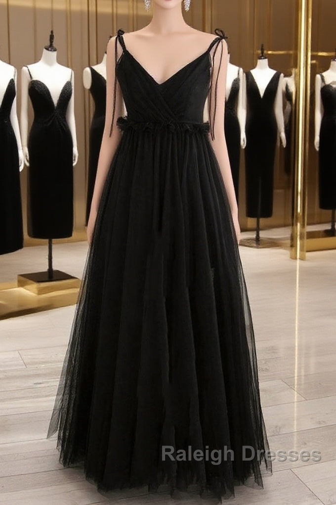 A-Line Black Tulle Long Prom Dresses, Black Formal Evening Dresses Main image