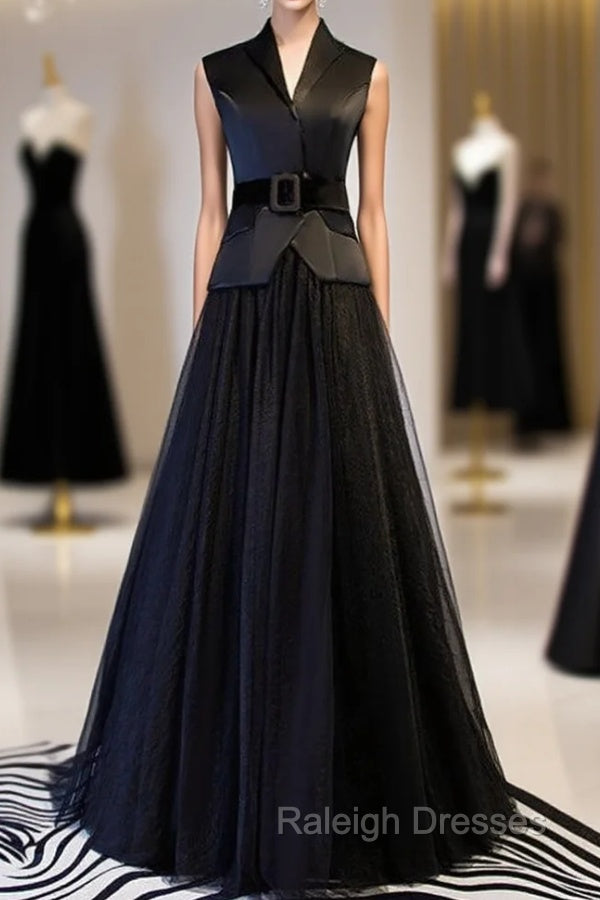 A-Line Black Tulle Satin V-neck Prom Dress With Sash