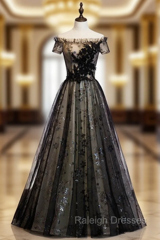 A-Line Black Tulle Sequins Off the Shoulder Long Prom Dress