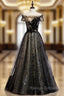 A-Line Black Tulle Sequins Off the Shoulder Long Prom Dress