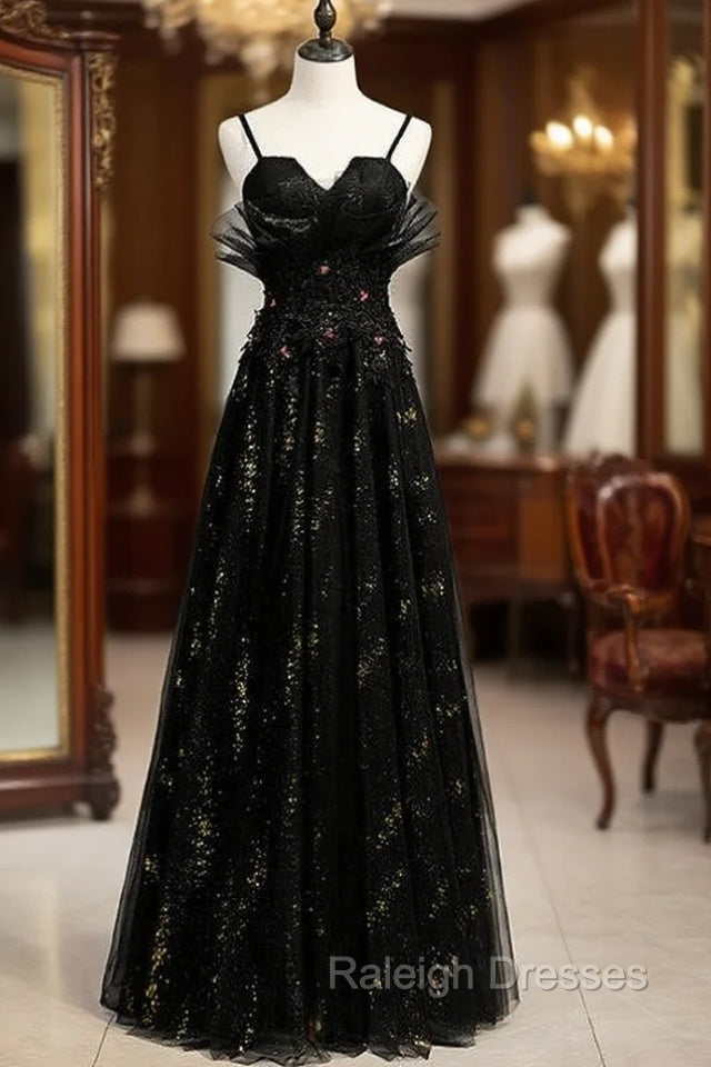 A-Line Black Tulle Sequins Spaghetti Straps Prom Dress Main image