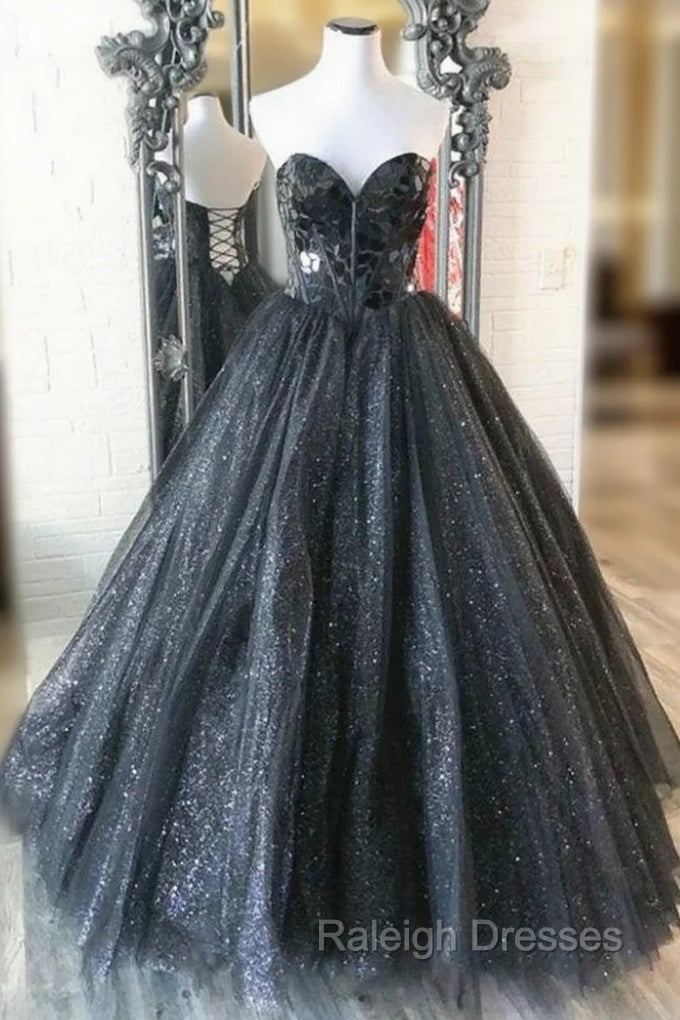 A Line Black Tulle Sequins Strapless Prom Dresses Main image