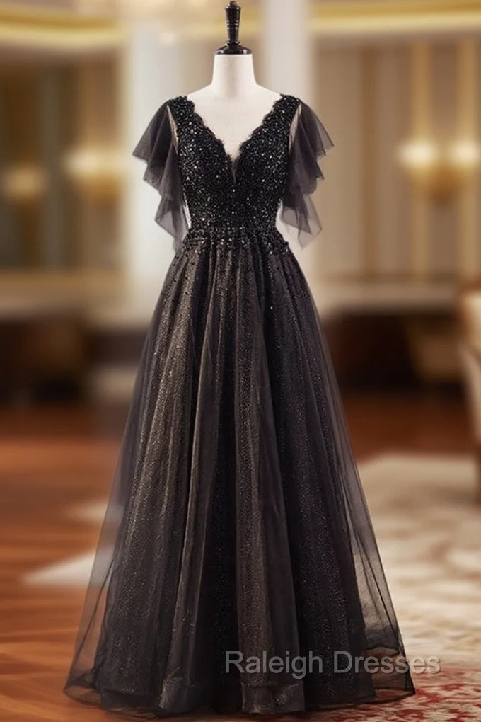 A-Line Black Tulle Sequins V-neck Beading Prom Dress