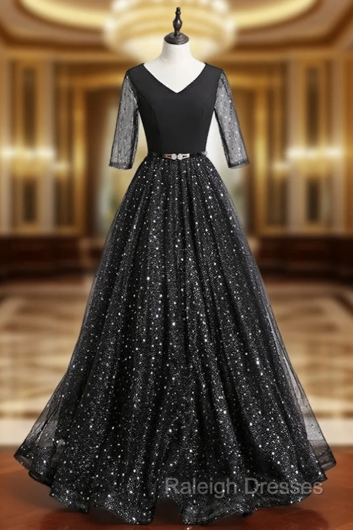 A-Line Black Tulle Sequins V-neck Short Sleeve Prom Dress Main image