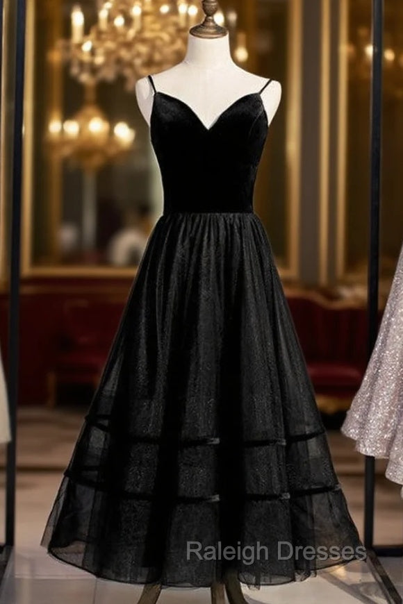 A-Line Black Tulle Spagehtti Straps Tulle Tea Length Prom Dress Main image