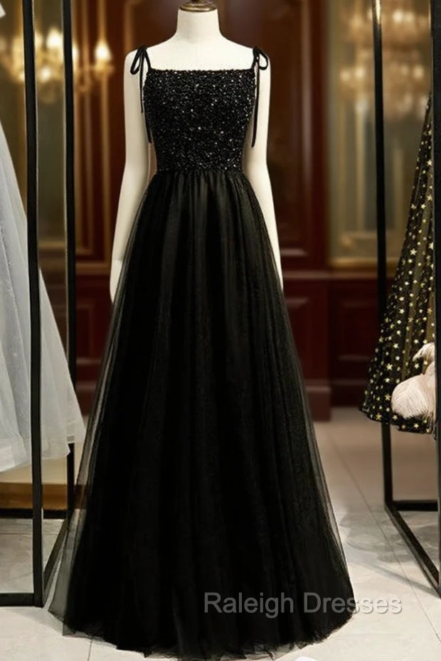 A-Line Black Tulle Spaghetti Straps Tulle Beading Prom Dress Main image