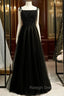 A Line Black Tulle Spaghetti Straps Tulle Beading Prom Dress