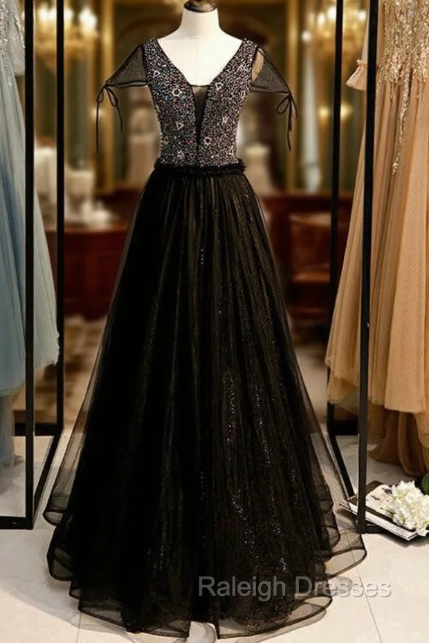 A-Line Black Tulle V-neck Cap Sleeve Beading Prom Dress