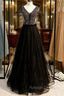 A Line Black Tulle V Neck Cap Sleeve Beading Prom Dress