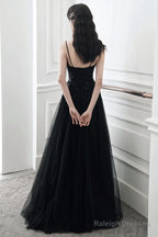 A-Line Black Tulle V-Neckline Straps Long Party Dress, Black Tulle Prom Dress