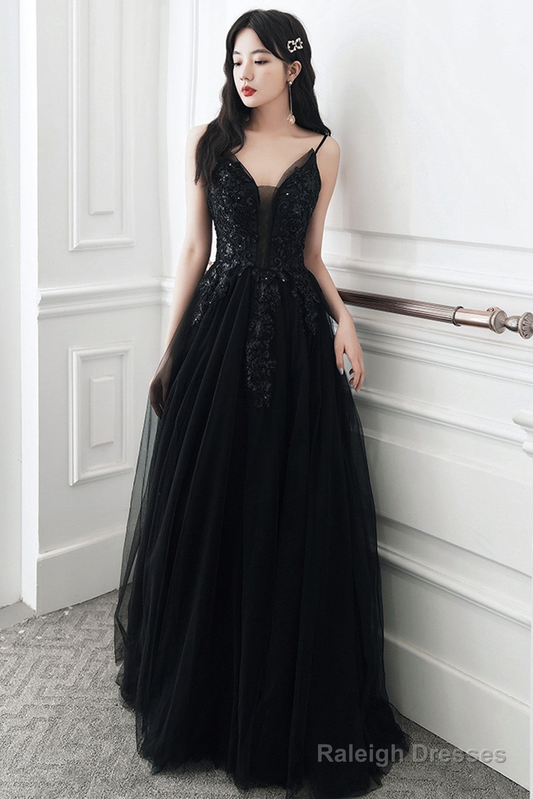 A-Line Black Tulle V-Neckline Straps Long Party Dress, Black Tulle Prom Dress Main image