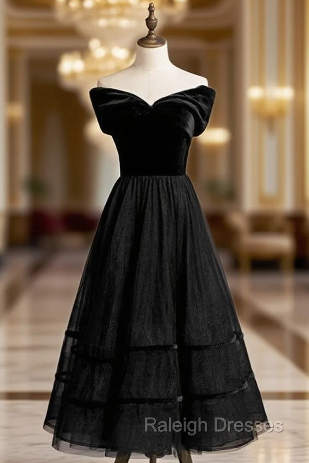 A-Line Black Tulle Velvet Off the Shoulder Tea Length Prom Dress