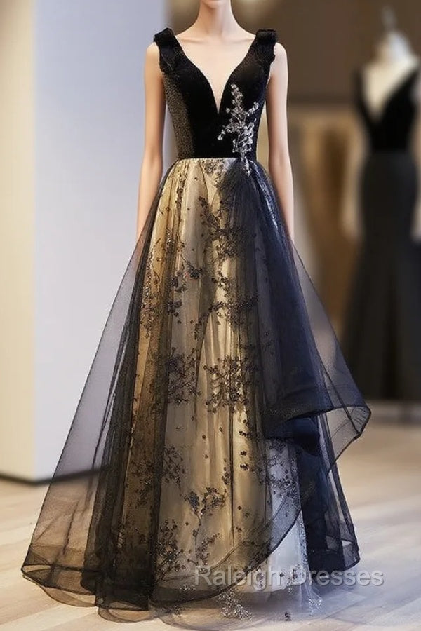 A-Line Black Tulle Velvet Sequins Prom Dress Main image