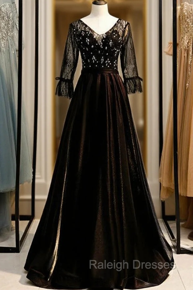 A-Line Black V-neck 3/4 Sleeve Crystal Prom Dress Main image