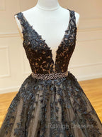 A Line Black V Neck Lace Long Prom Dress