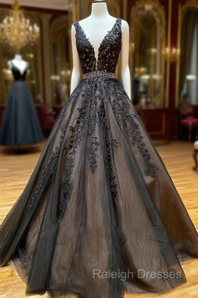 A Line Black V Neck Lace Long Prom Dress
