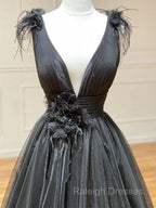 A Line Black V Neck Tulle Long Prom Dress