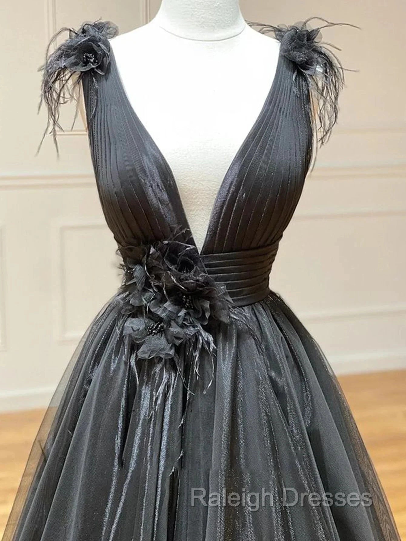 A Line Black V Neck Tulle Long Prom Dress