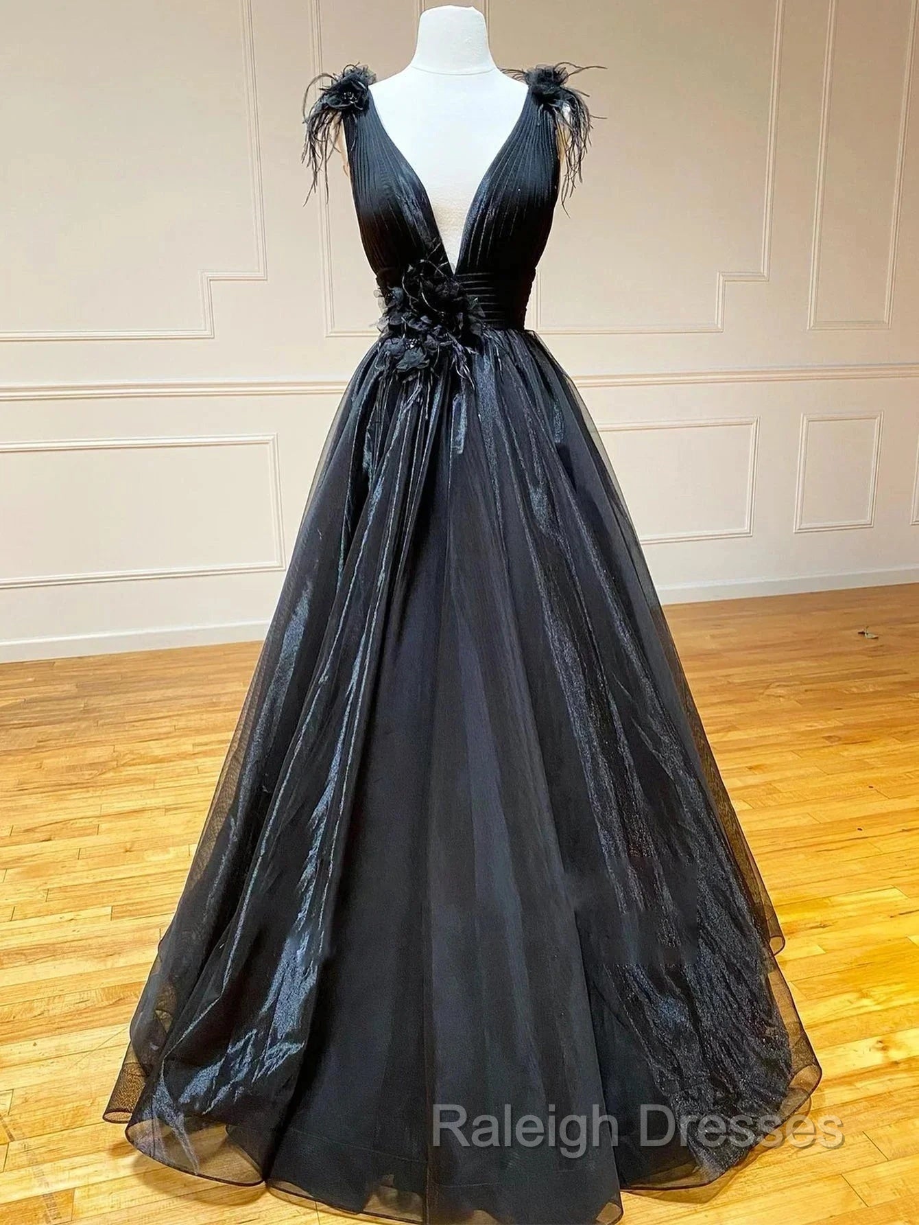 A Line Black V Neck Tulle Long Prom Dress