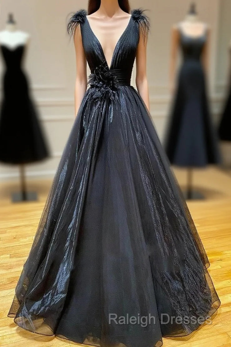 A Line Black V Neck Tulle Long Prom Dress