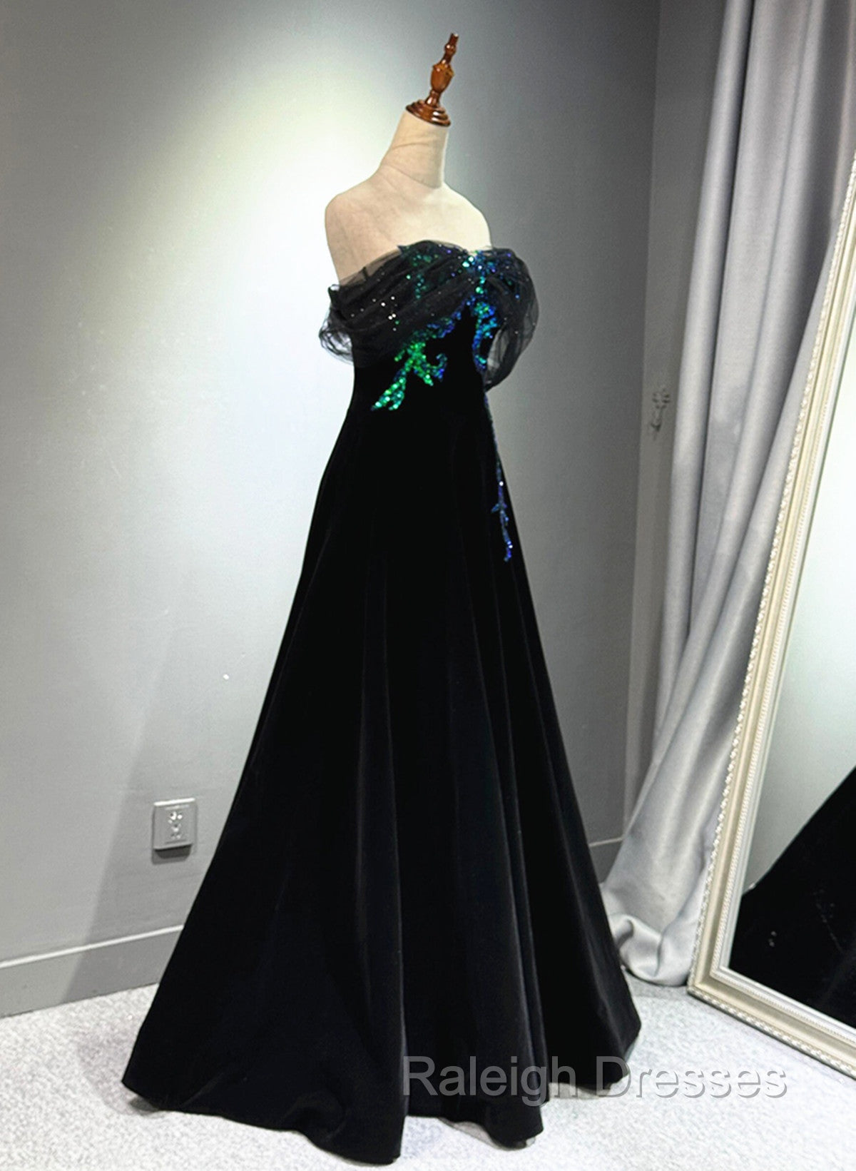 A-line Black Velvet and Tulle Off Shoulder Party Dress, Black Long Prom Dress