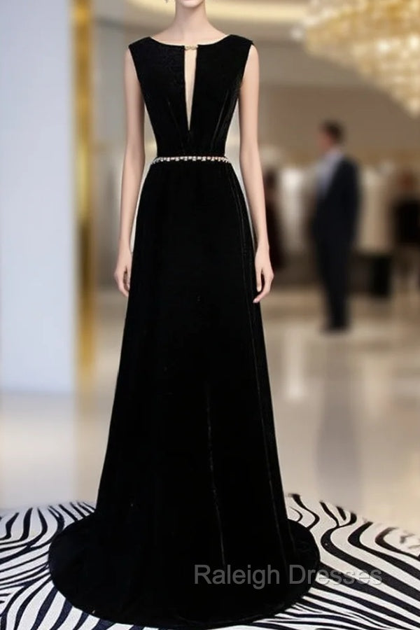 A-Line Black Velvet Backless Prom Dress With Beading