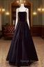 A-Line Black Velvet Floor-Length Prom Dress, Pearls Spaghetti Straps Long Party Dress