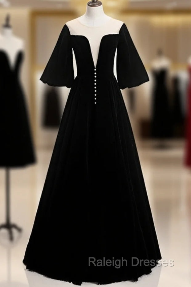A Line Black Velvet Horn Sleeve See Through Prom Dress Main image