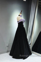 A-Line Black Velvet Long Party Dress With Lace Applique, Black Velvet Prom Dress