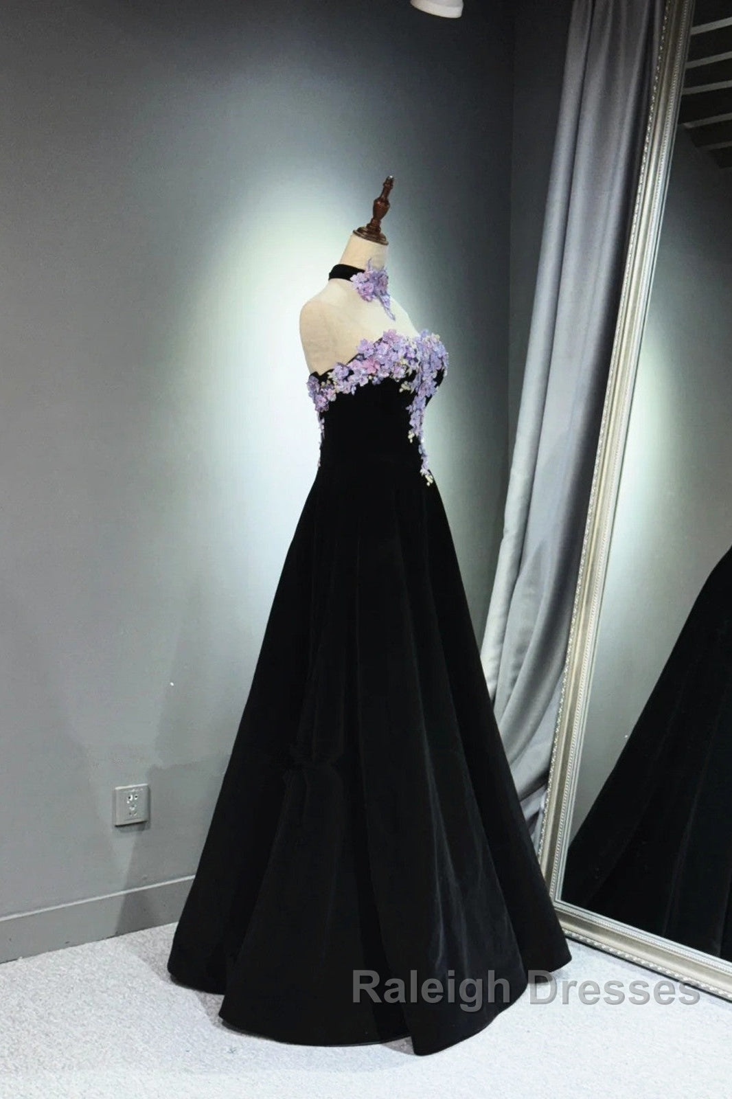 A-Line Black Velvet Long Party Dress With Lace Applique, Black Velvet Prom Dress