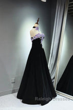 A-Line Black Velvet Long Prom Dresses With Lace Applique Black Velvet Prom Dresses