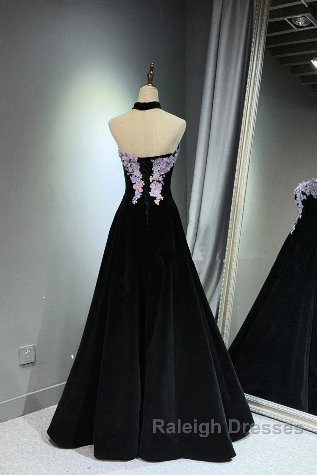 A-Line Black Velvet Long Party Dress With Lace Applique, Black Velvet Prom Dress