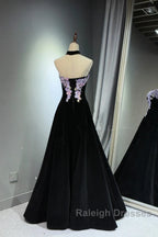 A-Line Black Velvet Long Prom Dresses With Lace Applique Black Velvet Prom Dresses
