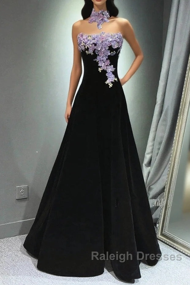 A-Line Black Velvet Long Party Dress With Lace Applique, Black Velvet Prom Dress