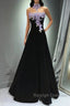 A-Line Black Velvet Long Party Dress With Lace Applique, Black Velvet Prom Dress