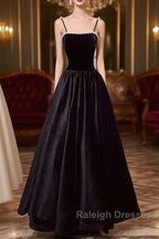 A Line Black Velvet Long Prom Dress Beaded Birthday Party Dress
