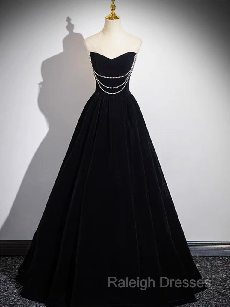 A Line Black Velvet Long Prom Dress, Black Long Prom Dress