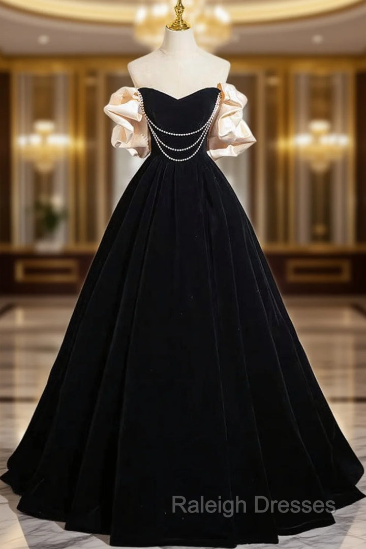 A-Line Black Velvet Long Prom Dress, Black Long Evening Dress Main image