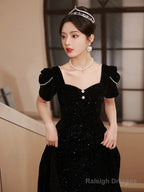 A-Line Black Velvet Long Simple Floor Length Prom Dress, Black Velvet Party Dress